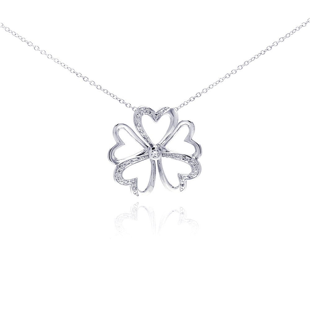 Sterling Silver Necklace with Trendy Flower Heart Inlaid with Clear Czs Pendant