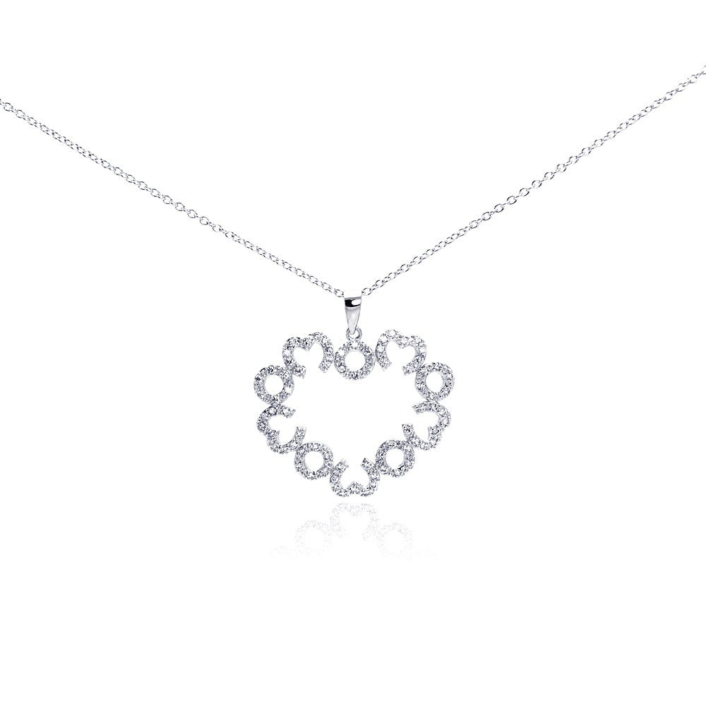 Sterling Silver Necklace with Classy Paved Czs  MOM  Heart Shaped Pendant