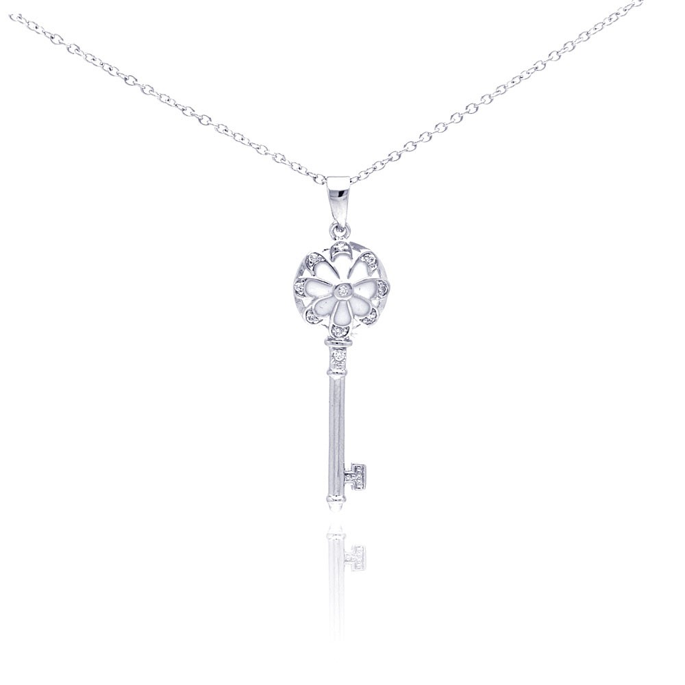 Sterling Silver Necklace with White Enamel Flower Key Inlaid with Clear Czs Pendant