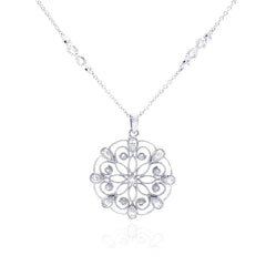 Sterling Silver Necklace with Stylish Filigree Flower Inlaid with Clear Czs Pendant