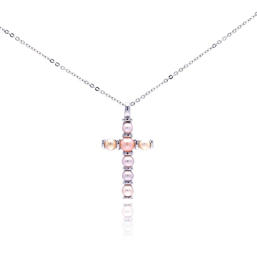 Sterling Silver Rhodium Plated Pearl Cross Necklace