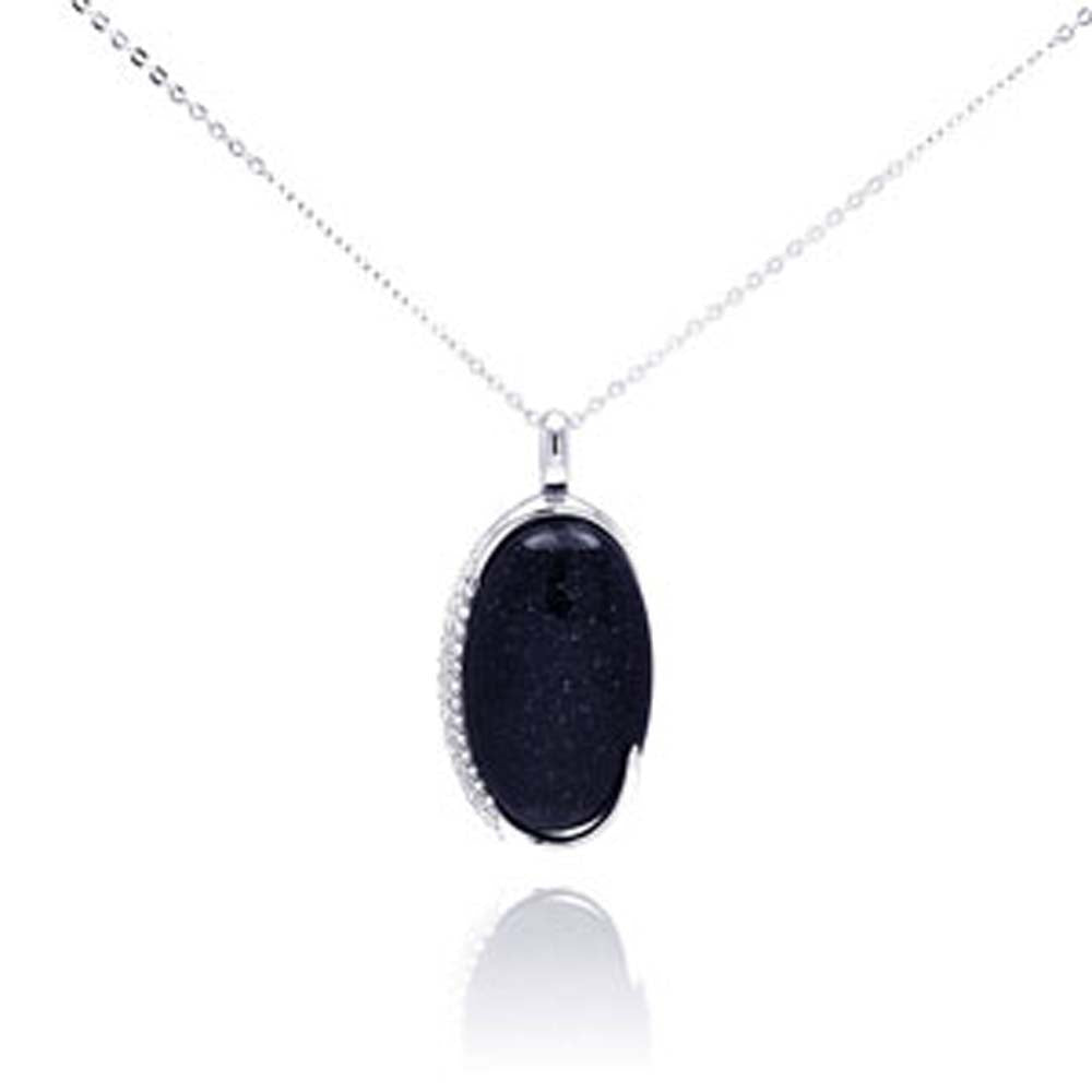 Sterling Silver Necklace with Oval Synthetic Black Quartz Pendant Inlaid with Clear Czs on Bezel Setting