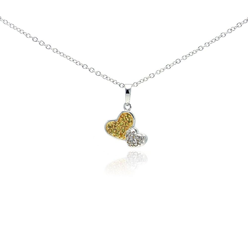 Sterling Silver Necklace with Two-Toned Double Heart Inlaid with Citrine and Clear Czs Pendant