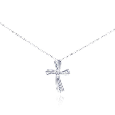 Sterling Silver Rhodium Plated Curvy Cross CZ Necklace