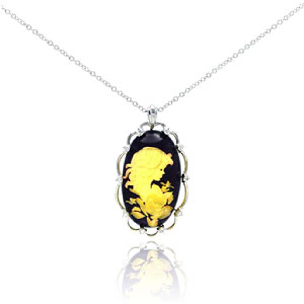 Sterling Silver Necklace with Elegant Two-Toned Oval Black Onyx Pendant with Frame Inlaid with Czs and Cameo Design