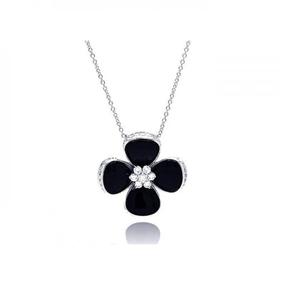 Sterling Silver Necklace with Fancy Black Onyx Flower Inlaid with Clear Czs Pendant