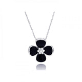 Sterling Silver Necklace with Fancy Black Onyx Flower Inlaid with Clear Czs Pendant