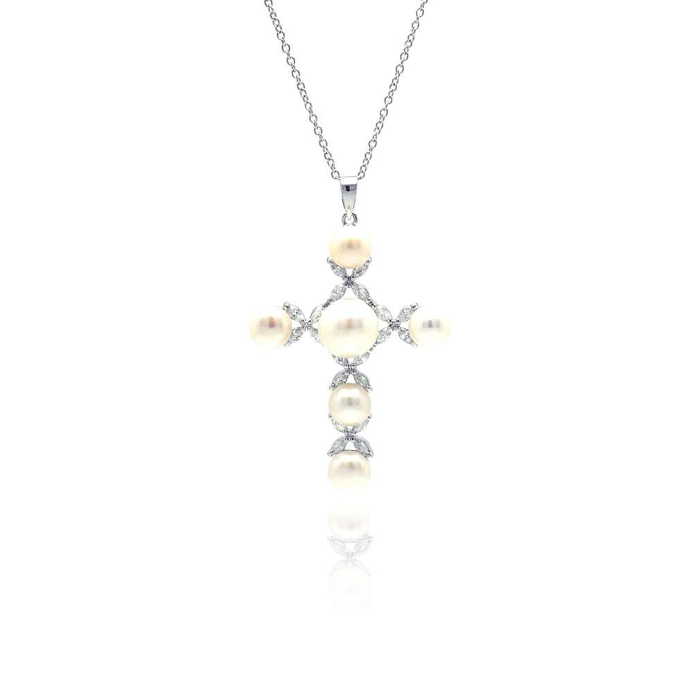 Sterling Silver Rhodium Plated Cross CZ Pearl Necklace