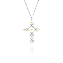 Load image into Gallery viewer, Sterling Silver Rhodium Plated Cross CZ Pearl Necklace