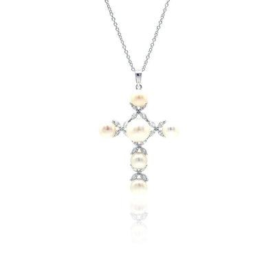 Sterling Silver Rhodium Plated Cross CZ Pearl Necklace