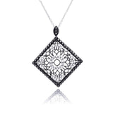 Sterling Silver Necklace with Fancy Diamond Shaped Pendant Inlaid with Black Cz and White Pearls
