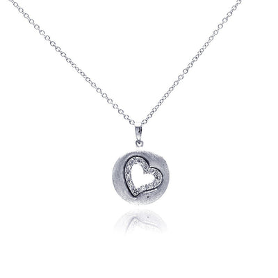 Sterling Silver Necklace with Matte Finish Circle and Open Heart Inlaid with Clear Czs Pendant