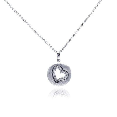 Sterling Silver Necklace with Matte Finish Circle and Open Heart Inlaid with Clear Czs Pendant