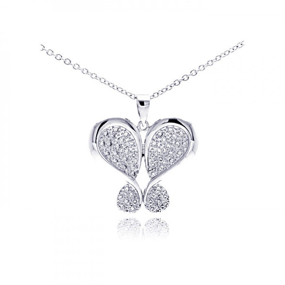 Sterling Silver Necklace with Classy Heart Shaped Butterfly Inlaid with Clear Czs Pendant