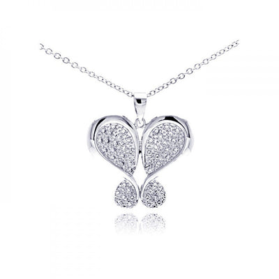 Sterling Silver Necklace with Classy Heart Shaped Butterfly Inlaid with Clear Czs Pendant