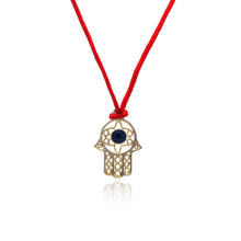 Load image into Gallery viewer, Sterling Silver Gold Plated Open Hamsa CZ Red Cord Necklace