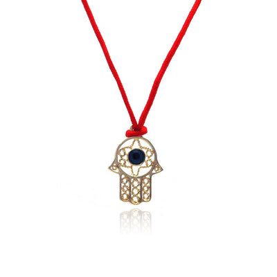 Sterling Silver Gold Plated Open Hamsa CZ Red Cord Necklace