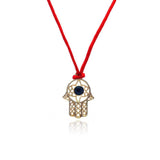 Sterling Silver Gold Plated Open Hamsa CZ Red Cord Necklace