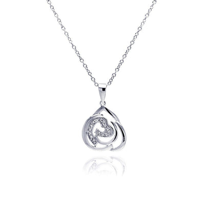 Sterling Silver Necklace with Abstract Heart Design Inlaid with Clear Czs Pendant