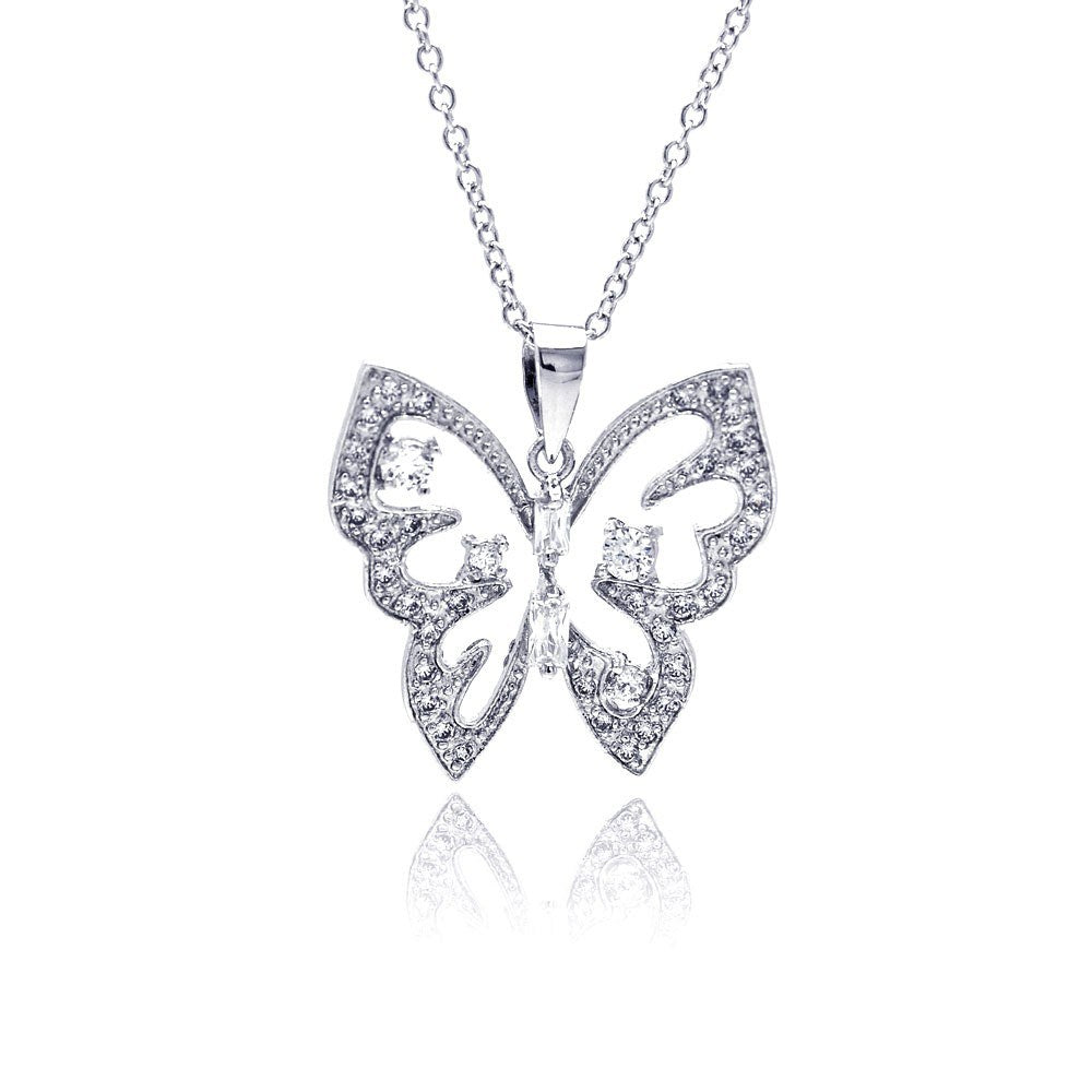 Sterling Silver Necklace with Stylish Open Butterfly Inlaid with Clear Czs Pendant