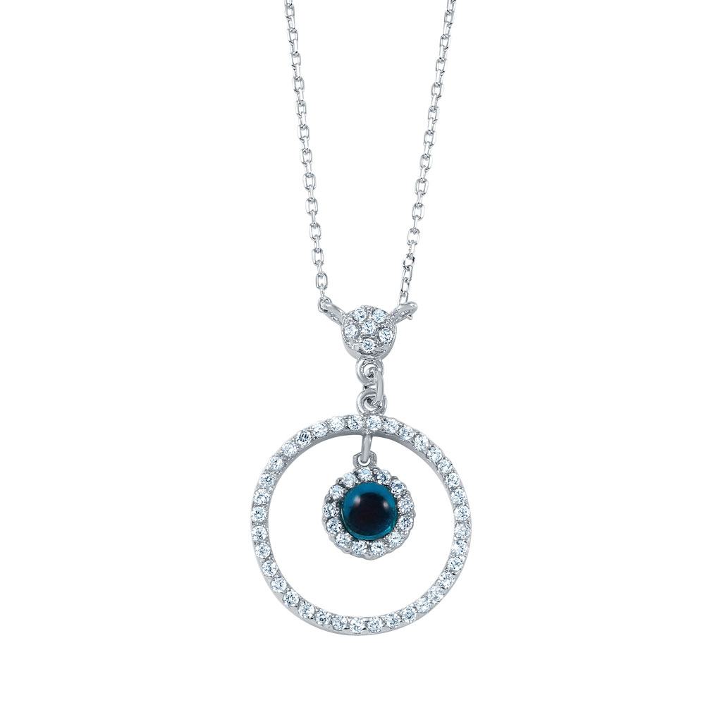 Sterling Silver Rhodium Plated Necklace with Stylish Micro Pave Open Circle and Centered Blue Evil Eye PendantAnd Lobster Clasp ClosureAnd Length of 16  with 2  extension