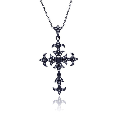 Sterling Silver Black Rhodium Plated Cross CZ Necklace