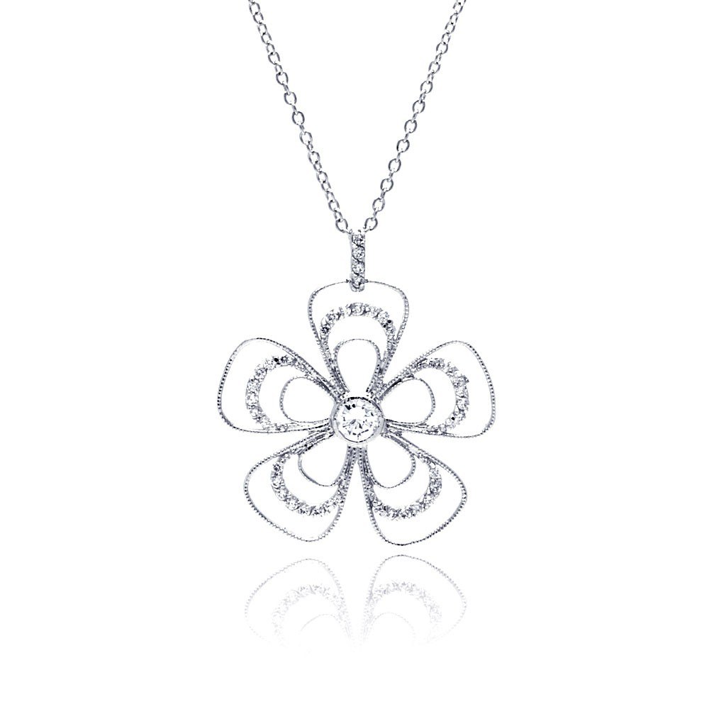 Sterling Silver Necklace with Delicate Three Layered Flower Design Inlaid with Clear Czs Pendant