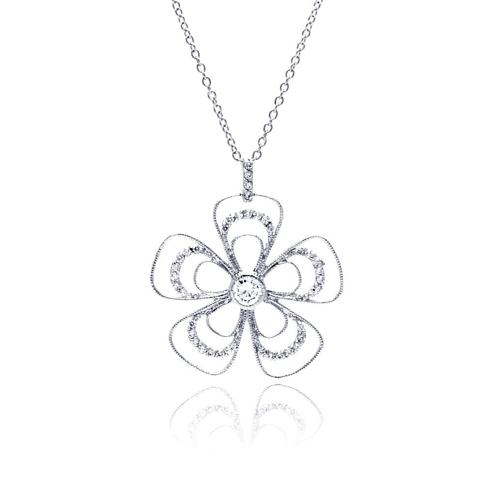 Sterling Silver Necklace with Delicate Three Layered Flower Design Inlaid with Clear Czs Pendant