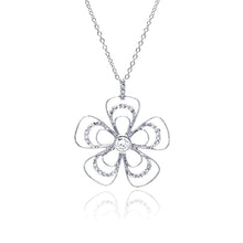 Load image into Gallery viewer, Sterling Silver Necklace with Delicate Three Layered Flower Design Inlaid with Clear Czs Pendant