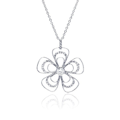Sterling Silver Necklace with Delicate Three Layered Flower Design Inlaid with Clear Czs Pendant