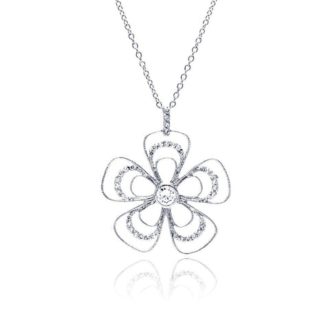 Sterling Silver Necklace with Delicate Three Layered Flower Design Inlaid with Clear Czs Pendant