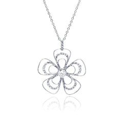 Sterling Silver Necklace with Delicate Three Layered Flower Design Inlaid with Clear Czs Pendant