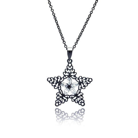 Sterling Silver Black Rhodium Plated Necklace with Filigree Star Inlaid with Clear Czs Pendant