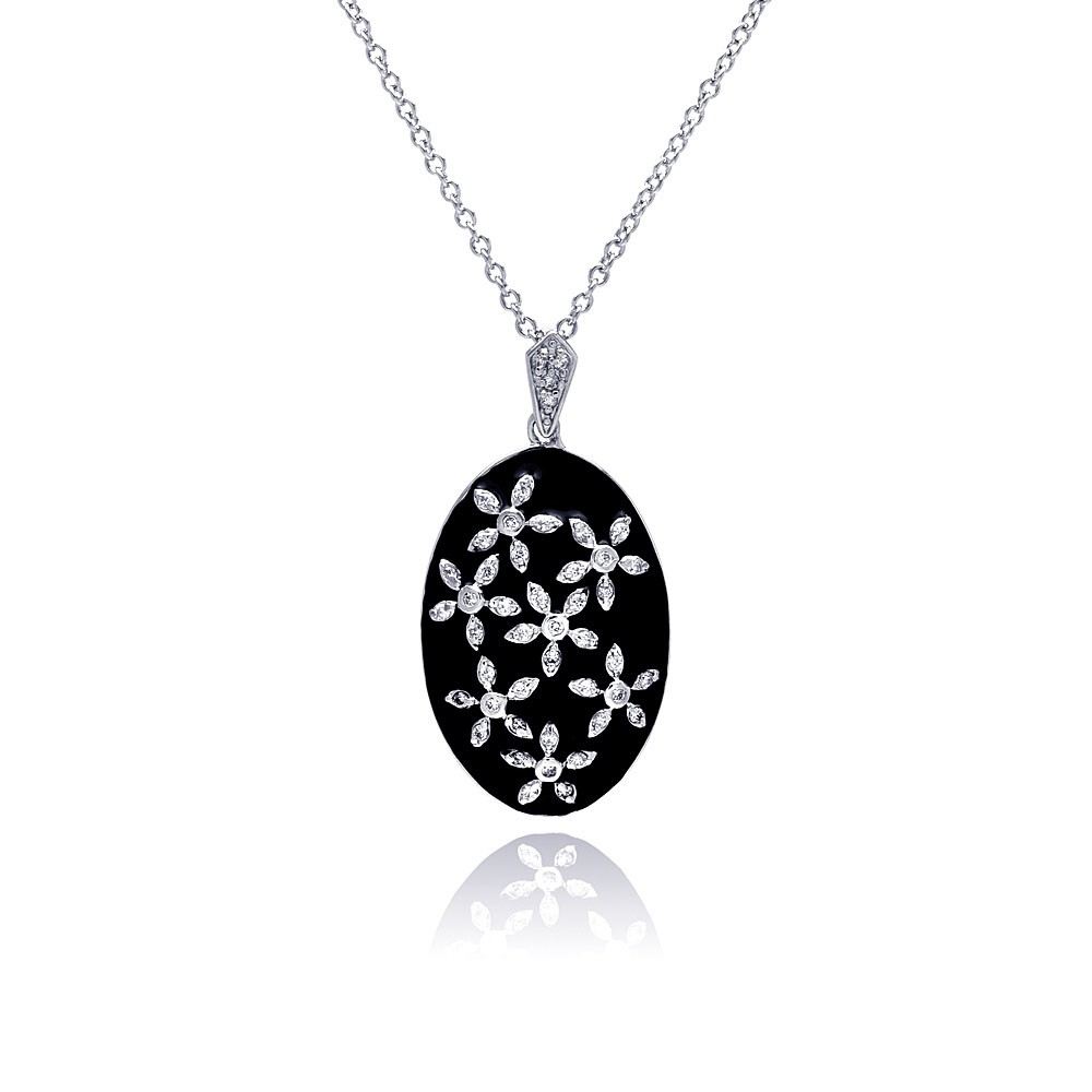 Sterling Silver Necklace with Oval Black Enamel Pendant Inlaid with Flower Cz Design