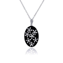 Load image into Gallery viewer, Sterling Silver Necklace with Oval Black Enamel Pendant Inlaid with Flower Cz Design