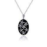 Sterling Silver Necklace with Oval Black Enamel Pendant Inlaid with Flower Cz Design