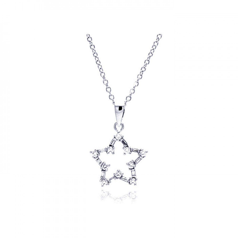 Sterling Silver Encklace with Fancy Open Star Set with Baguette and Round Clear Czs Pendant