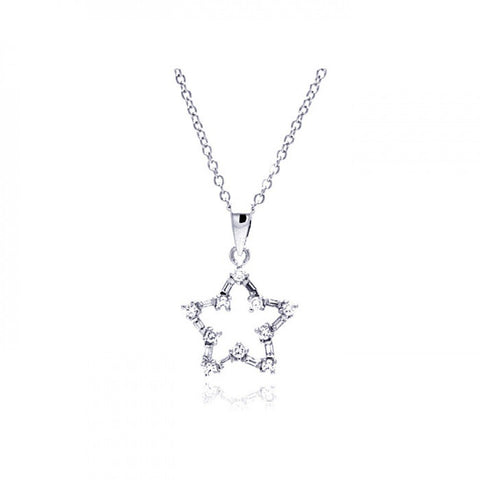 Sterling Silver Encklace with Fancy Open Star Set with Baguette and Round Clear Czs Pendant