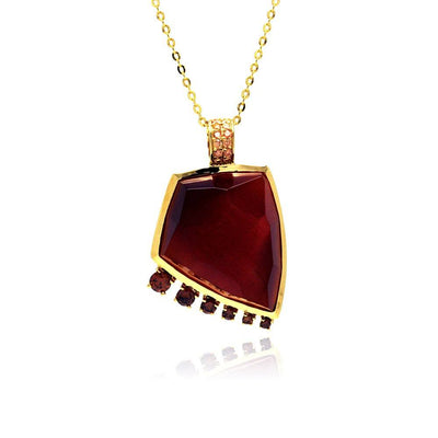 Sterling Silver Gold Plated Necklace with Tribal Style Pendant Fancy Cut Red Stone with Graduated Round Garnet Czs