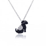 Sterling Silver Necklace with Two-Toned Paved Black and Clear Czs Sitting Dog Pendant