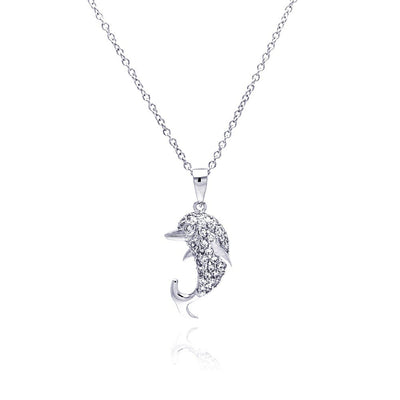 Sterling Silver Necklace with Fancy Paved Czs Dolphin Pendant