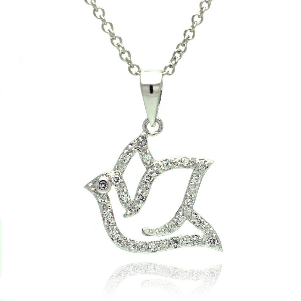 Sterling Silver Necklace with Fancy Paved Open Dove PendantAnd Chain Length of 16 -18  Adjustable