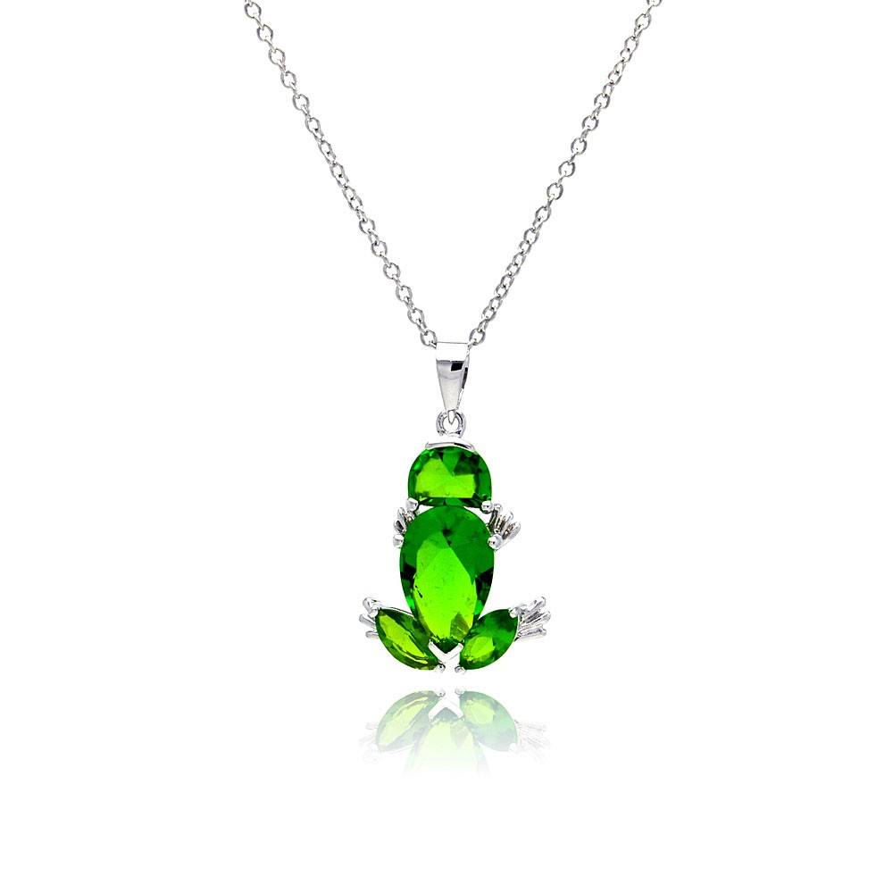 Sterling Silver Necklace with Frog Solitaire Prong Set with Green Cz Pendant