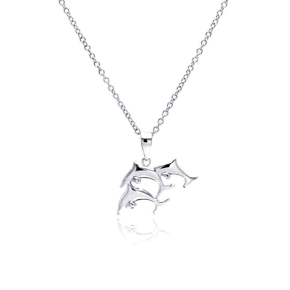 Sterling Silver Necklace with Three Swimming Dolphins Pendant
