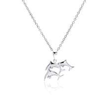 Load image into Gallery viewer, Sterling Silver Necklace with Three Swimming Dolphins Pendant