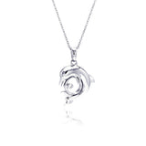 Sterling Silver Necklace with Modish Dolphin Leaping Over Hoop Inlaid with Two Clear Czs Pendant