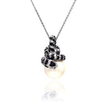 Sterling Silver Necklace with Fancy Paved Black and Clear Czs Snake on White Pearl Pendant