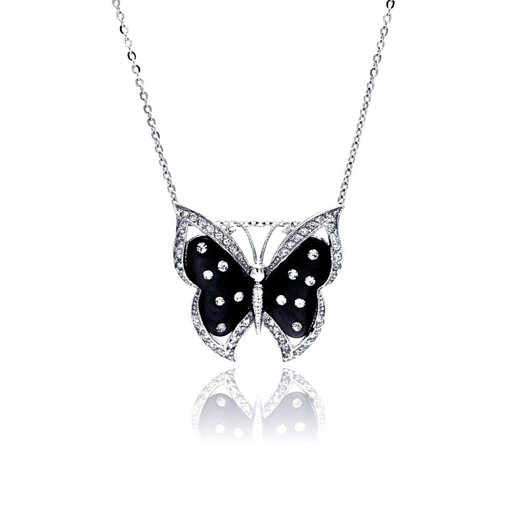 Sterling Silver Necklace with Trendy Black Mother of Pearl Butterfly Inlaid with Clear Czs Pendant