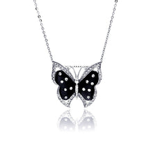 Load image into Gallery viewer, Sterling Silver Necklace with Trendy Black Mother of Pearl Butterfly Inlaid with Clear Czs Pendant
