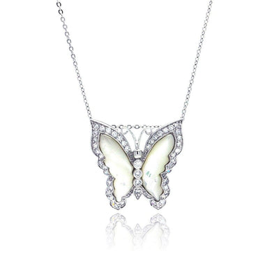 Sterling Silver Necklace with Antique Style Mother of Pearl Butterfly Inlaid with Clear Czs Pendant